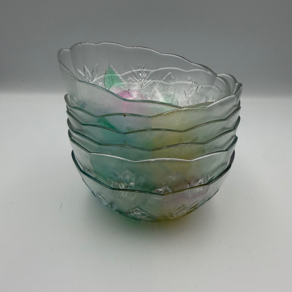 KIM Indonesia Frosted Glass Rose Bowls Set of 6 Pastel Floral Scalloped Dessert